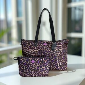Coach Multi Ocelot Leopard Print Sateen Tote and Cosmetic Pouch